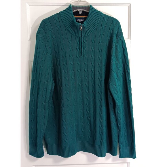 Lands’ End Drifter Sweater Men 2XL Green 1/4 Zip Cable Knit Chunky Fisherman - Picture 1 of 9